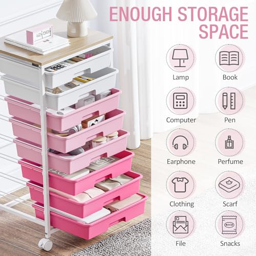 TOOLF Rolling Storage Cart with 8 Drawers,Rose Pink - color: Rose Pink