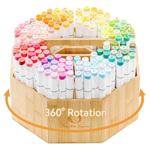Ohuhu 360° Rotating Marker Organizer Holds 162 Honolulu & B Oahu Markers | 360-Degree Rotating Bamboo Desktop Storage Markers Pens Pencil Holder with 10 Compartments for Home Classroom Office Decor