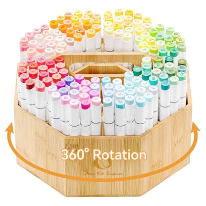 Ohuhu 360° Rotating Marker Organizer Holds 162 Honolulu & B Oahu Markers | 360-Degree Rotating Bamboo Desktop Storage Markers Pens Pencil Holder with 10 Compartments for Home Classroom Office Decor