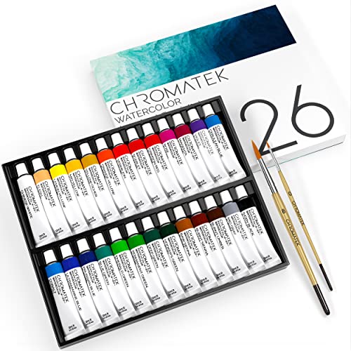 CHROMATEK Watercolor Paint Set - 28 Piece Kit for Adults, Beginners & Professional Artists - 26 x 12ml Liquid Water Color Tubes & 2 Painting Brushes - Richly Pigmented Vibrant Colors - Art Supplies