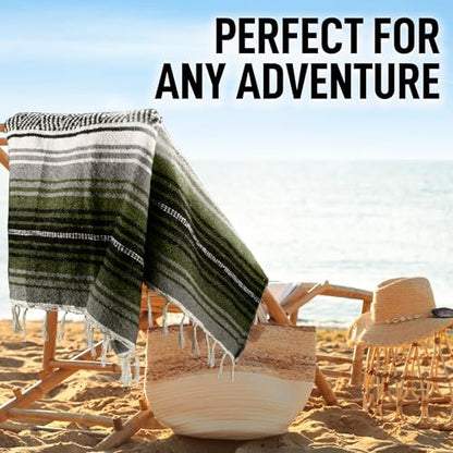 Hydration Nation Authentic Extra Large Mexican Blanket - 70"x50" Handwoven Yoga, Serape, Artisanal Falsa - Camping, Picnic, Outdoor (Military Green) - color: Military Green