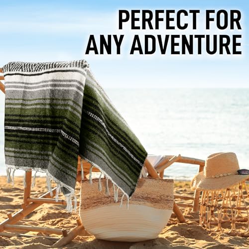 Hydration Nation Authentic Extra Large Mexican Blanket - 70"x50" Handwoven Yoga, Serape, Artisanal Falsa - Camping, Picnic, Outdoor (Military Green) - color: Military Green