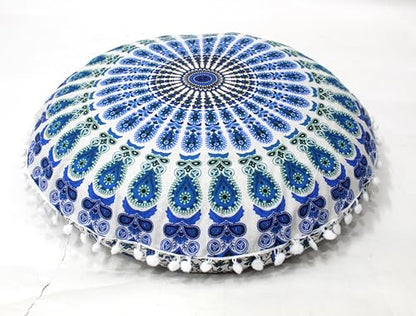 INDIAN CRAFT CASTLE ICC 32 Inch Large Round seat Floor Cushion Cover Chair Ottoman Pouf Pillow Cover Meditation Floor Cushion Covers Seating pouffe Throw Covers Sky Blue - color: Sky Blue