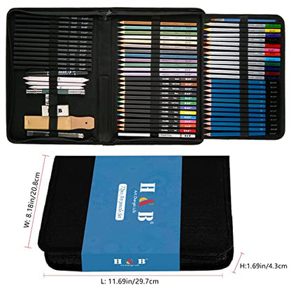 H & B 72PCS Drawing Pencils Set Sketching Kit, Art Supplies with Sketchbook | All-in-One Pro Art Kit with Travel Case - Perfect for Artists Adults Beginners to Draw, Shade, Blend & Color - Ready to Use