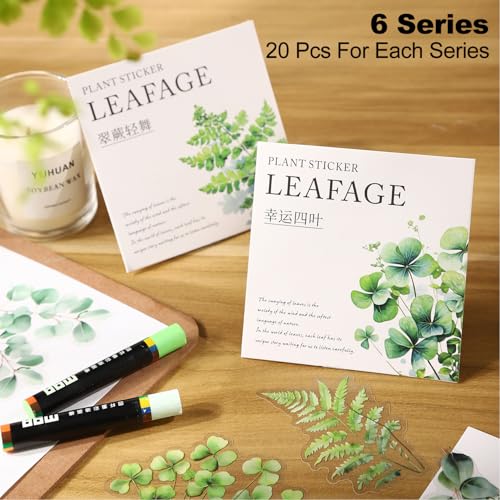 120 Pcs Botanical Leaf Stickers for Scrapbooking and Journaling | PET material with eucalyptus, ivy, ginkgo and fern designs for junk journals, planners, collage, card making and DIY crafts - color: Leaf Whisper