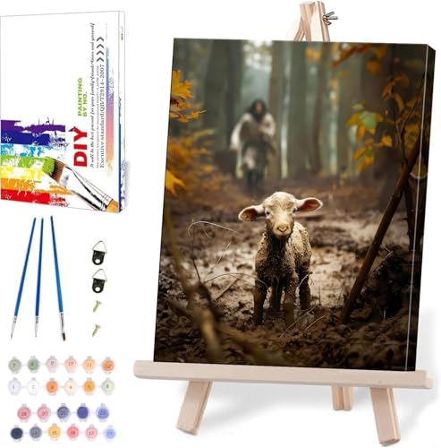 Jesus Paint by Numbers Kit for Adults Framed Canvas, with Wooden Easel | Jesus Canvas Redemption Lost Sheep Number Artist Paint by Number on Canvas, DIY Acrylic Oil Painting Kits 9.45x11.8in - color: YH03436