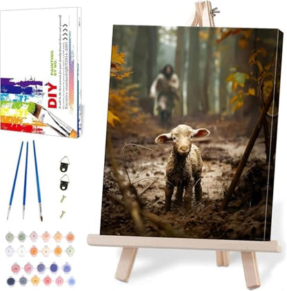 Jesus Paint by Numbers Kit for Adults Framed Canvas, with Wooden Easel | Jesus Canvas Redemption Lost Sheep Number Artist Paint by Number on Canvas, DIY Acrylic Oil Painting Kits 9.45x11.8in - color: YH03436