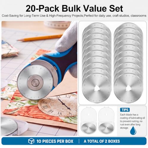Wamlente 20 Pack 60mm Rotary Cutter Blades, Titanium Coated Steel,Silver | Fits Most Cutters for Quilting Sewing Crafts, Cuts Fabric Leather Vinyl Felt, Titanium Coating, Includes 2 Protective Cases - color: Silver