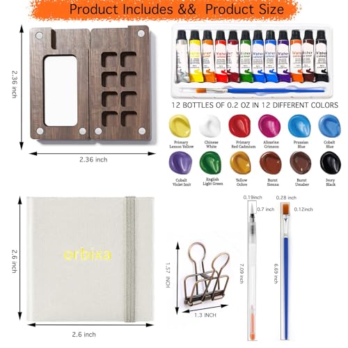 orbixa Mini Watercolor Travel Set, 12-Color Mini Paint Kit with Walnut Palette, 20-Page Sketchbook, Water Brush, Detail Brush & Clip, Portable Art Supplies for Beginners & Outdoor Painting, Gray