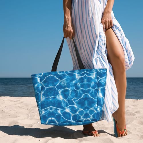 Large Beach Bag for Women Waterproof Foldable Travel Shoulder Tote Bag with Pocket for Weekender Pool Vacation - color: Water Blue