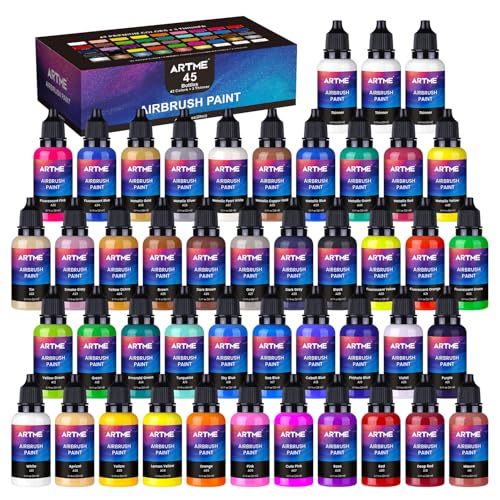 Airbrush Paint, ARTME 42 Colors with 3 Thinner, Ready to Spray, Opaque & Water Based Acrylic Airbrush Paint Set Including Metallic & Neon Colors, Premium Air brush Paints for Metal, Models, Plastic, Canvas, and Wood