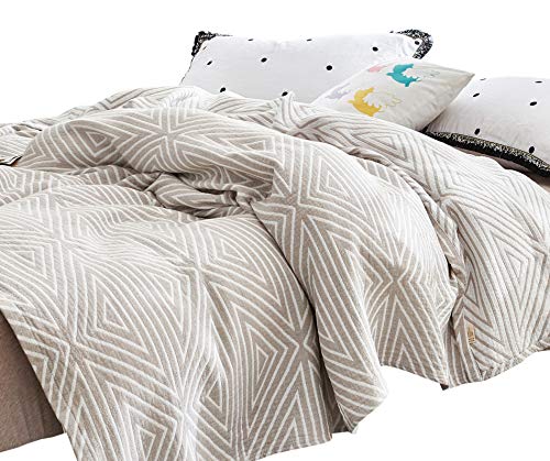 MEJU Grey Checks Striped Triange Muslin Reversible Summer Blanket for Bed Sofa Couch 100% Combed Cotton 3 Layer Soft Warm Bedspread Throw Blanket Bed Coverlet Sheet Full Queen 80 in X 90 in - color: Check2 Gray, size: F/Q 80 in x 90 in