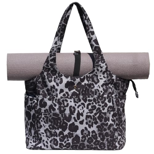 ESVAN Yoga Tote Bag Mat bag Women Shoulder Bags Carryall Tote for Travel Office Workout Gym Nurse Beach - color: Canvas Black Leopard Print