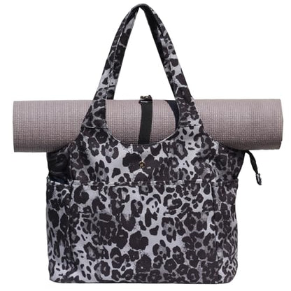 ESVAN Yoga Tote Bag Mat bag Women Shoulder Bags Carryall Tote for Travel Office Workout Gym Nurse Beach - color: Canvas Black Leopard Print
