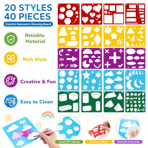 Peohud 40 Pieces Geometric Shaped Stencils, Simple Drawing Chalk Stencils, Colorful Art Painting Template Set for DIY Craft, 5.9 x 5.9 Inches - size: 5.9 inches (square)