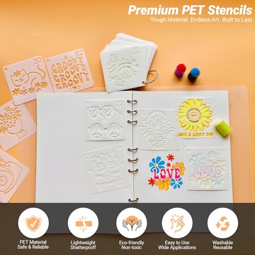 Hippy Stencils for Painting, 64 Pcs 3 Inch for Cards Rocks Crafts | Reusable & Easy to Clean, Retro Boho Icons, Gift Tags, Journals, Scrapbooks, Beginner Friendly - color: Hippy