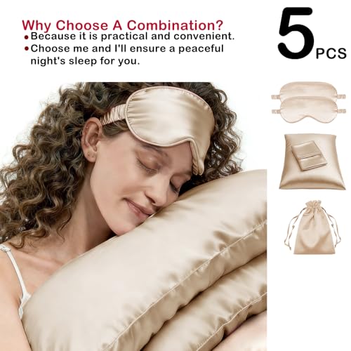 5Pcs Silky Sleep Mask Eye Masks Breathable Soft Satin Pillowcases Set for Sleeping Similar to Silk Pillowcase Travel Gift - color: Pale Champagne-queen Size