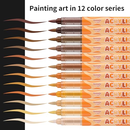 kander Guangna Acrylic Paint Markers 12 Colors, Skin Tone Series Set with Soft Brush Tip Water Based, Fine Tip Markers for Wood, Canvas, Rock Painting, Glass, Diy Crafts, Fabric Paint - color: Brown Beige