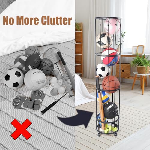 Upgrated 4-Layer Ball Storage Rack with Small Bottom Ball Holder, 3 Adjustable Elastic Cords Sports Equipment Organizer, Wall-Mounted Basketball Rack for Indoor,Outdoor,Home,Garage - size: 7 Balls