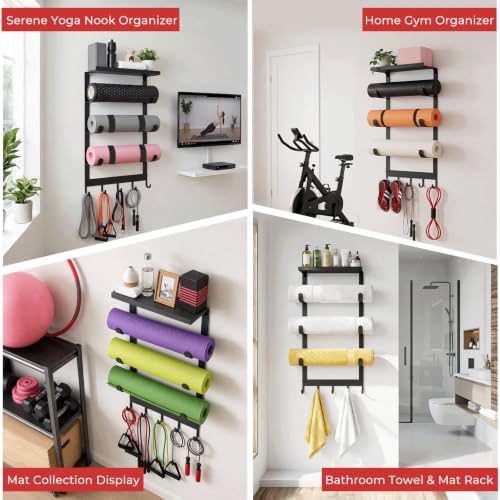 Yoga Mat Holder Wall Mount, 4-Tier Home Gym Storage Rack with 5 Hooks & 3 Yoga Mat Portable Straps, Heavy Duty Metal Yoga Mats Organizer With Floating Shelf for Foam Roller, Resistance Bands