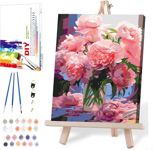 MIRCVSH Flowers Paint by Numbers Kit for Adults Framed,Pink Rose Paint by Number for Adults,Adults' Paint-by-Number Kits on Canvas with Wooden Easel for Home Wall Decor 12X16 Inch - color: DKH169
