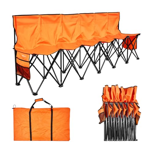 VEVOR Portable Folding Bench, 6 Seat Foldable Soccer Bench with Side Pockets and Carrying Bag, Lightweight Sideline Seating with Back Rest for Football, Baseball, Camping, Outdoor Events, Orange - color: Orange, size: 6 seat