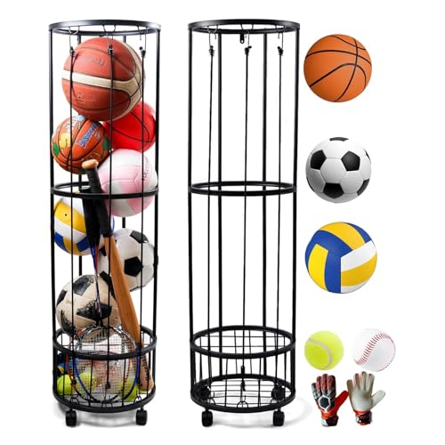 Upgrated Ball Storage Rack with Small Bottom Ball Holder, 3 Adjustable Elastic Cords Sports Equipment Organizer, Wall-Mounted Basketball Rack for Indoor,Outdoor,Home,Garage - size: 5 Balls