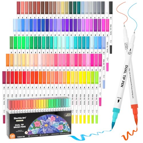 120 Colors Dual Tip Brush Marker Pens with 1 Coloring Book, Fineliner and Brush Dual Tip Markers Set, Water-based Ink Perfect for Kids Adult Artist Calligraphy Hand Lettering Journal Doodling Writing - color: 120 Colors with 1 Coloring Book