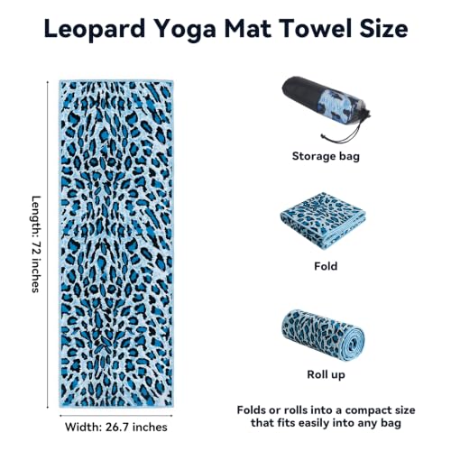 Leopard Yoga Mat Towel with Storage Bag, Non-Slip Towel 72 x 27 In (Blue) | Lightweight Travel Workout Towel, Soft, Sweat Absorbent, Quick-Drying, Ideal for Hot Yoga, Home Yoga, Pilates, Gym - color: Blue