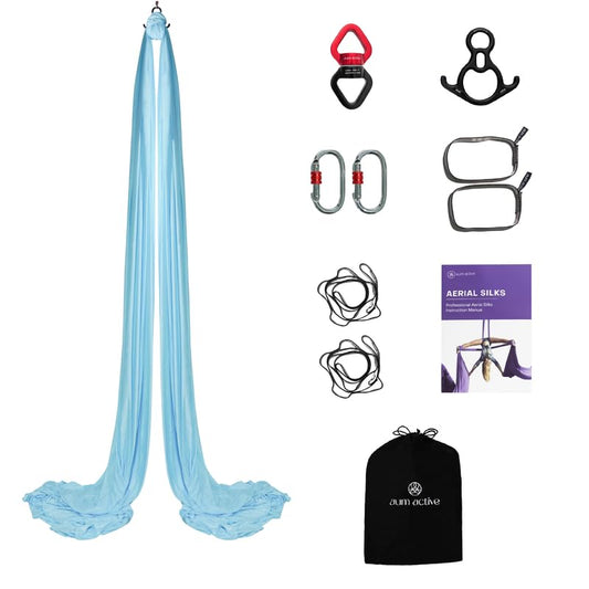 Aerial Silks Yoga Hammock Kit, 11 Yards, Hardware and Swivel | Knitted fabric with swivel and guide, portable carry bag included, for aerial yoga, gymnastics and home gym practice - color: Light Blue