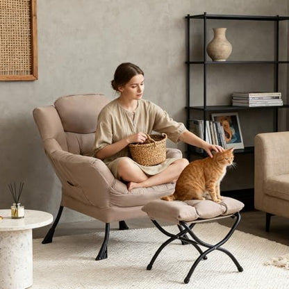 Tiita Lazy Chair with Ottoman, Comfy Reading Accent Chair, Khaki - color: Peach Skin Khaki