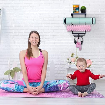 Yoga Mat Holder Wall Mount Storage Shelf Black & Hooks for Resistance Bands | All Metal Sturdy Wall Storage Organizer for Home Gym; 3 Tier for Yoga Mats, 7 Hooks for Bands & Workout Gear; Space Saving