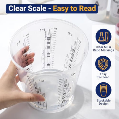 30 Pack 64oz 1900ml Clear Plastic Paint Mixing Cups with 30 Stir Sticks - Disposable Graduated Measuring Cups for Paint, Resin & Epoxy with ML Scale & 3-Column Ratios (1:1-7:1) for DIY Crafts - size: 64oz / 1900ml