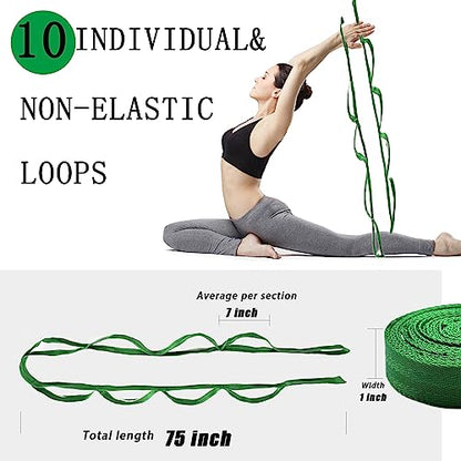 Stretching Strap Yoga Strap with Loops for Physical Therapy, Non-Elastic - color: Dark Green