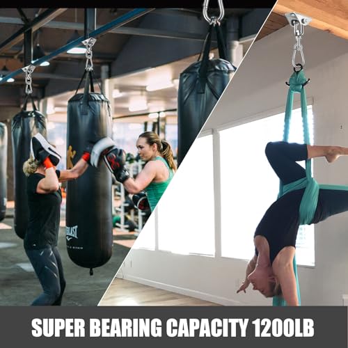 2-Pack Hammock Hanging Kit, 360-Degree Swivel Heavy-Duty Swing Hooks, Supports 1200 lbs, Stainless Steel Swing Hardware for Hammocks, Playgrounds, Yoga, Chairs & Heavy Bag. Installs on Concrete/Wood.