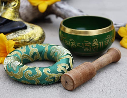 DharmaObjects Tibetan Meditation Om Mani Singing Bowl/Cushion/Mallet (Green) - color: Green, size: Small