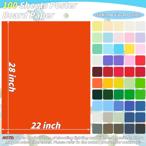 100 Pcs 50 Colors Poster Board 22 x 28 In Colored Posterboard Paper Bulk 250 GSM Thickness Cardstock Blank Smart Vision Board for School Drawing Arts Craft Projects Display DIY Scrapbooking - size: 22 x 28 in