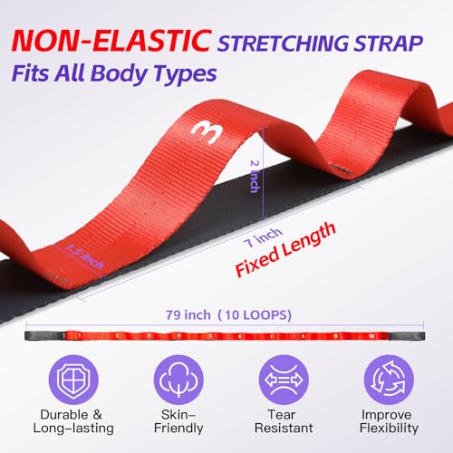 Non Elastic Stretching Strap with Loops - Yoga Straps for Physical Therapy, Durable Stretch Bands for Exercise, Flexibility Training, Hamstring & Leg Stretcher, Yoga/Pilates/Gymnastics - color: Red