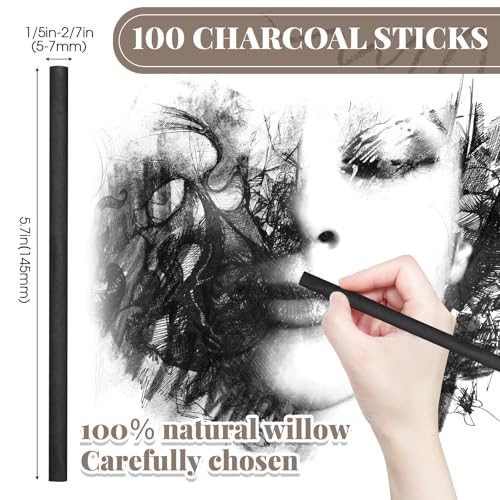 Gueevin 100 Pcs Soft Willow Charcoal Sticks Drawing,5-7mm | For Artists Beginners Students, Vine Charcoal Bulk for Sketching Shading Fine Art, Assorted Sizes, Back to School Gifts - size: 5-7mm