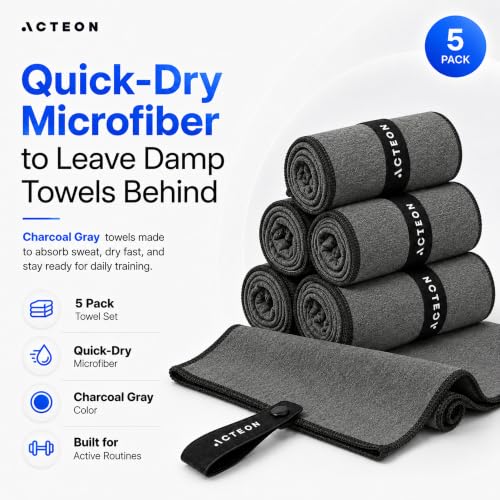 Acteon Microfiber Quick Dry Gym Towel 5 Pack, Silver ION Odor-Free Absorbent Fiber, Fast Drying, Men & Women Workout Gear for Body Sweat, Working Out, Towels Charcoal Grey - color: Dark Grey, size: Pack of 5