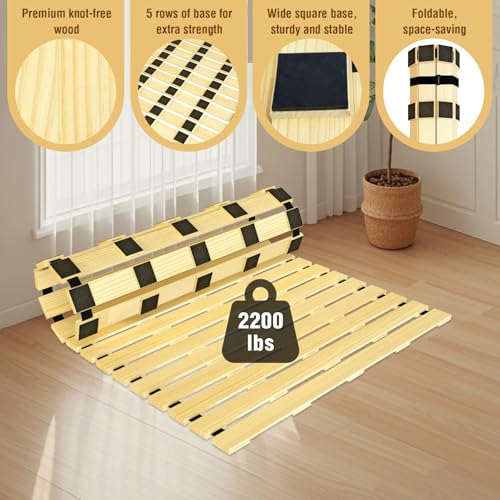 Japanese Tatami Mat Floor Bed, Knotless Solid Wood, Roll-Up Slatted, Bed Plate with 2 Storage Straps, Moisture-Proof and Breathable for Floor Sleeping or Futon Mattress, Full - size: Full