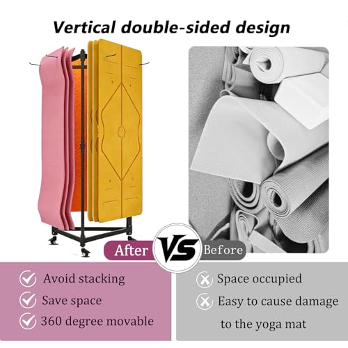 Hanging Yoga Mat Holder, Metal Double Sided Yoga Mats Storage Cart on Wheels, Floor Standing Pilates Mat Rack for Home Gym, Exercise, Yoga Studio, with Punching Tool