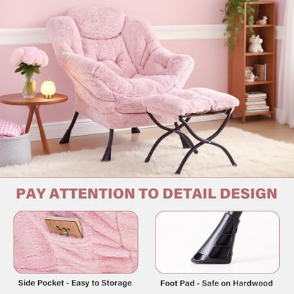 Tiita Lazy Chair with Ottoman, Comfy Reading Accent Chair, Plush Pink - color: Plush-pink
