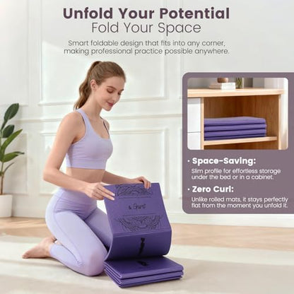 Foldable Non-Slip Yoga Mat and Blocks Set for Women, 9-Pcs Yoga Starter Kit - color: Purple