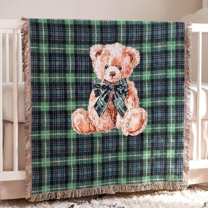 Moukeren 60 x 50 Inch Tartan Plaid Bear Baby Woven Tapestry Throw Blanket Green Blue Scottish Tartan Throw Blanket with for Office Bed Living Room Bedroom Sofa Chair Couch Crib - style: Tartan Plaid Bear Baby