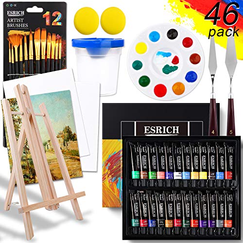 ESRICH Acrylic Paint Set, 46 Pcs Painting Supplies with Paint Brushes | Acrylic Paints, Easel, Canvas, Palette, Paint Knives, Brush Cup and Art Sponges for Hobbyists and Beginners - color: 24color