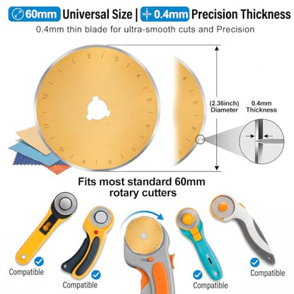 Wamlente 20 Pack 60mm Rotary Cutter Blades, Titanium Coated Steel,Gold | Fits Most Cutters for Quilting Sewing Crafts, Cuts Fabric Leather Vinyl Felt, Titanium Coating, Includes 2 Protective Cases - color: Gold