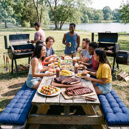 BreezeHug 2 Pcs Picnic Bench Cushion 6' Waterproof Outdoor Picnic Table Seat Cushion with Durable Straps and Buckles, 72" (6ft) x 10" x 3" Tufted Fade Resistant, Folding & Easy to Carry(Navy Blue) - color: Navy Blue, size: 72 x 10 x 3 inches