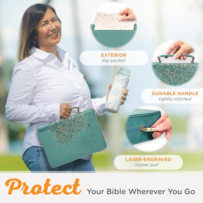 Christian Art Gifts Faux Leather Bible Cover for Women: Be Still and Know Teal Floral | Large, Handle, Sleeves, Storage Pockets, Pen Loops, Ribbon Bookmarks, Zipper, Bible Study Supplies - size: Large