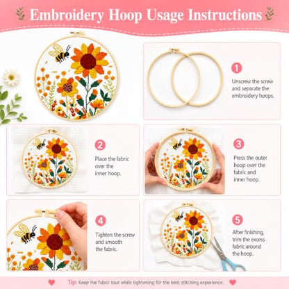 Zhenqing Bee & Flower Garden Cross Stitch Kit for Beginners - 4 Pre-Printed Designs with Hoop, Threads & Complete Tools(68059) - color: Bee Four-Piece Set
